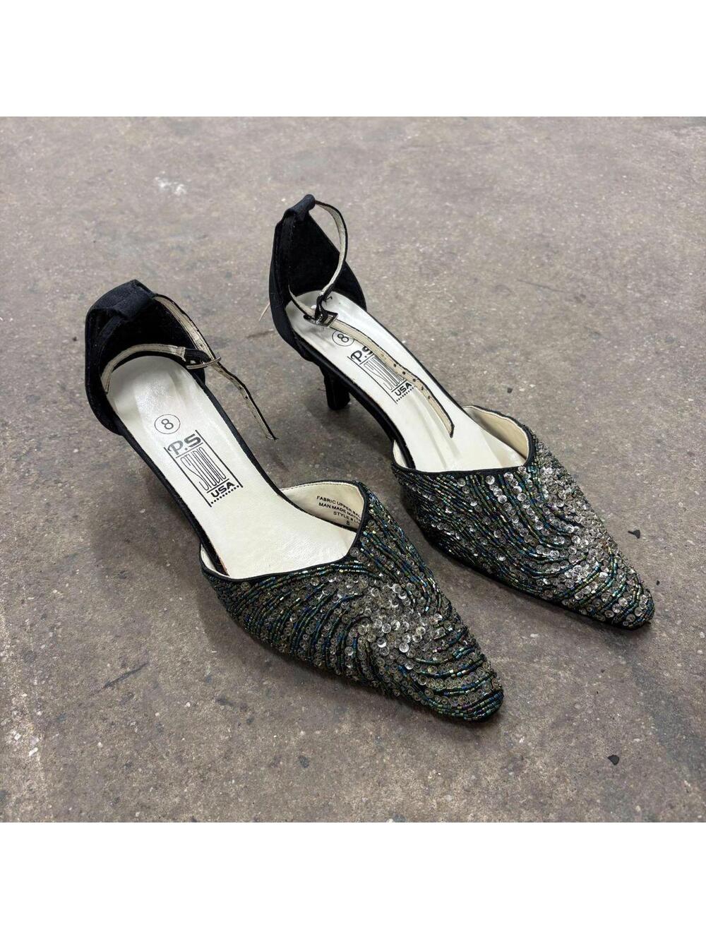 Vintage Y2K Beaded and Sequined Pointed-Toe Heels Size 8 DMG